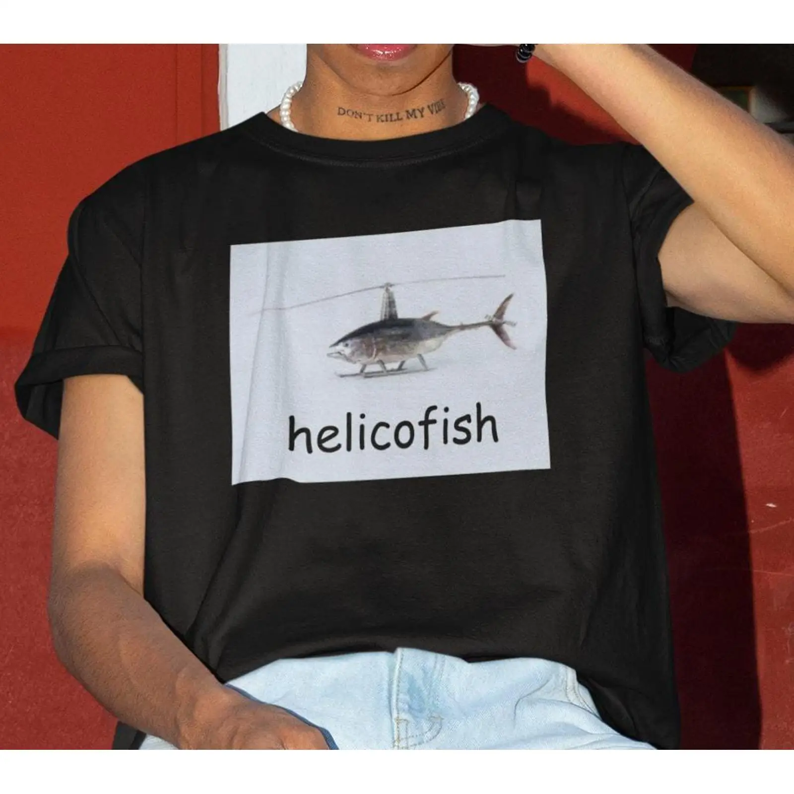 Vintage Fashion Gen Z - Helicofish grappige meme T-shirt helikoptervis Edgy