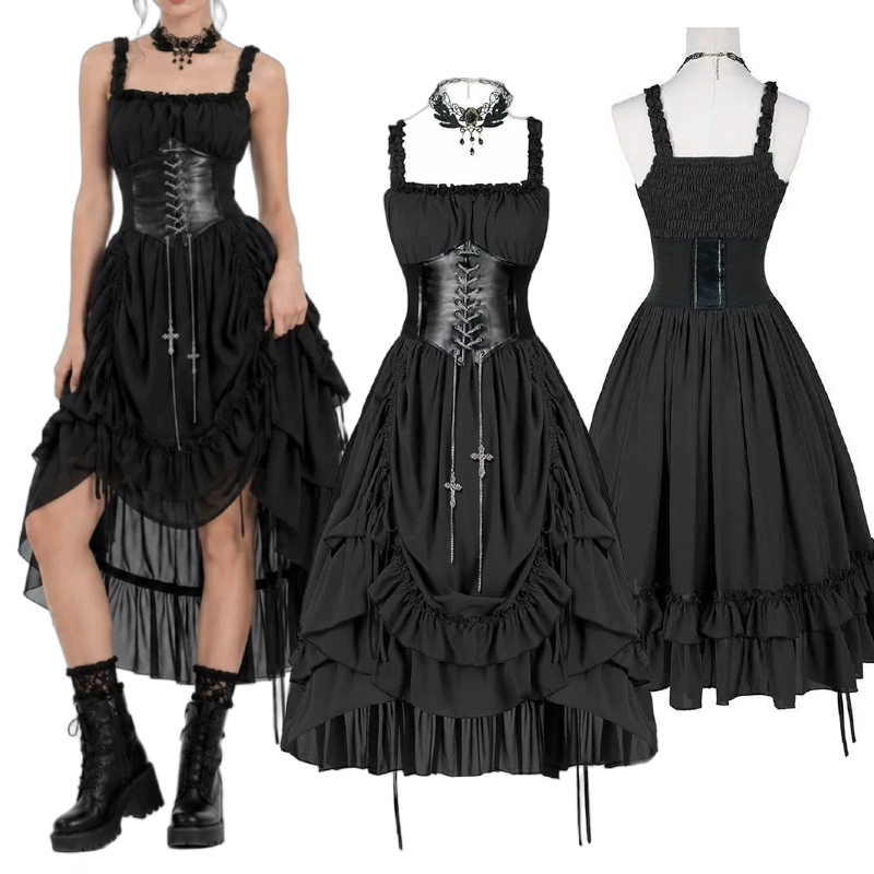 Vintage Slip Dress - Vrouwen Gothic Jurk Corset Slip Zwart