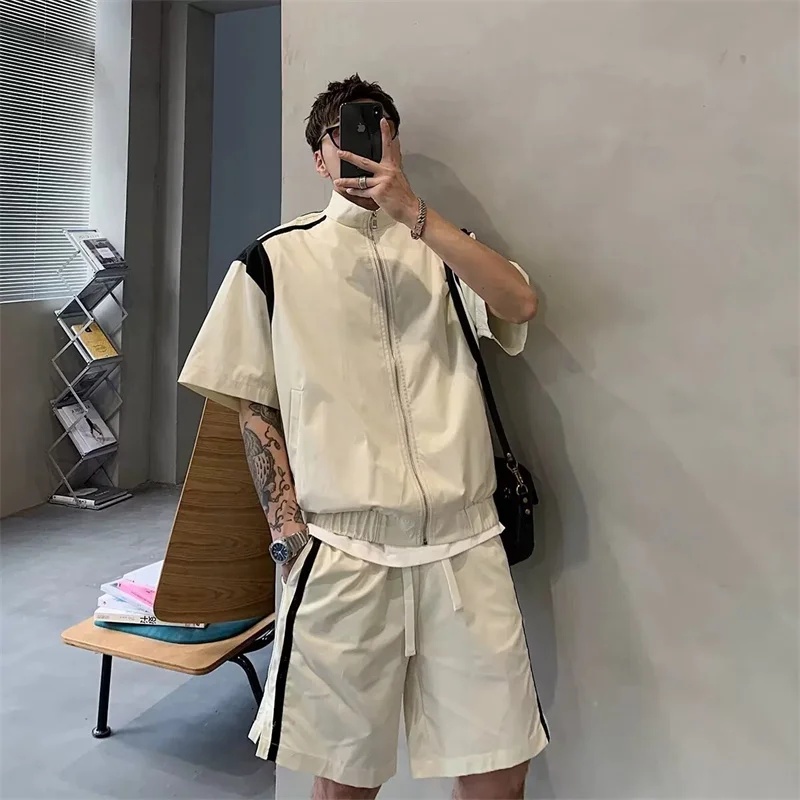 Vintage Zipper - Heren Color-Block Trainingspak Zomerstaande Kraag Halve