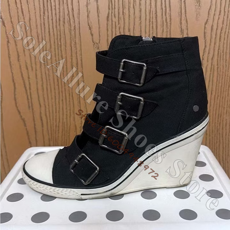 Vintage Zipper - Grijze hoge wedgesneakers met meerdere gespen,